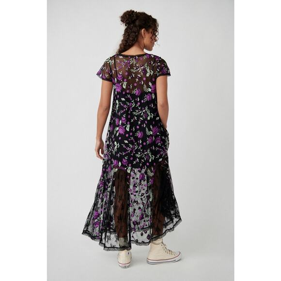 New Free People Sky Bright Floral Midi Dress $228 MEDIUM Black/Purple Sheer Mesh - Picture 6 of 7